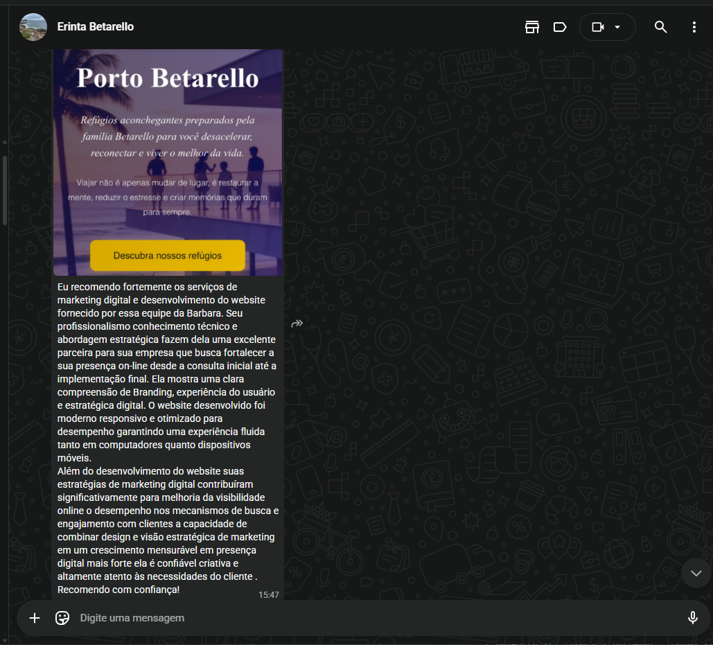 Depoimento de cliente no WhatsApp sobre site desenvolvido